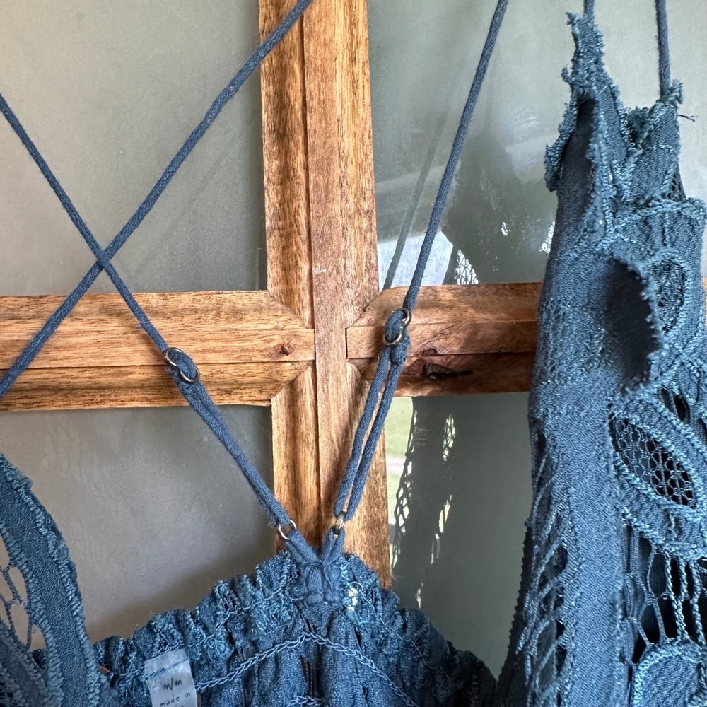 Free People FP One Maxi Dress Womens Medium Teal Blue Lace Boho Ruffle Hem - Picture 9 of 16